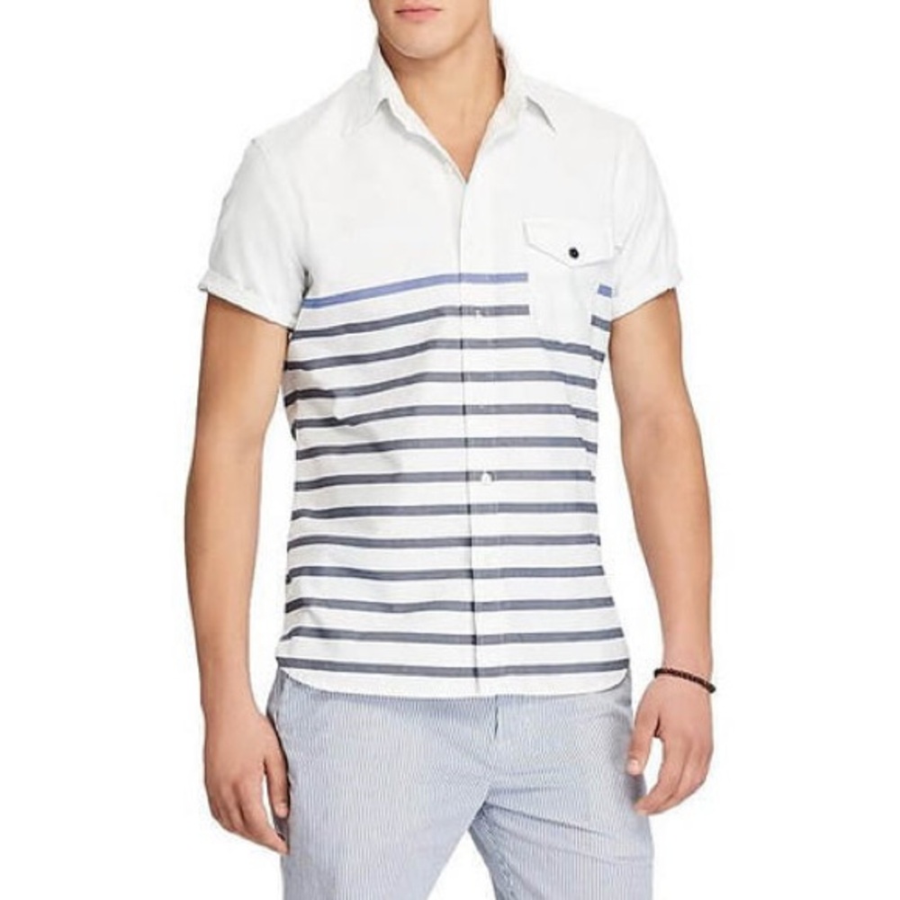 Ralph Lauren breton stripes button down short sleeve shirt L timeless old money